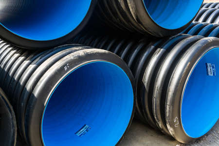 Corrugated water pipes of large diameter prepared for layingの写真素材