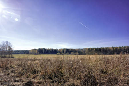 Autumn landscape sloping meadow on a background of forest and mountains Ural Russiaの写真素材