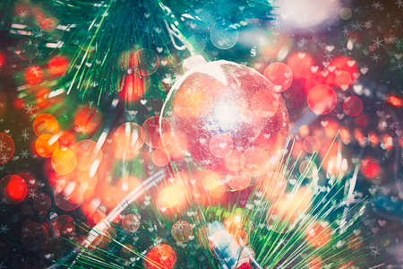 Christmas tree decorated with garlands, close-up backgroundの写真素材