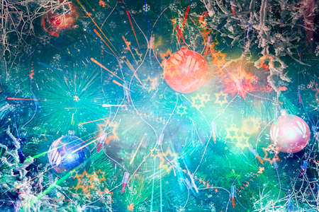 Christmas tree decorated with garlands, close-up backgroundの写真素材