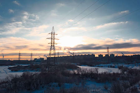 Sunset in the city in the winter in a strong frostの写真素材