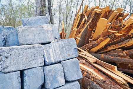 A Pallet of Cinder Blocks on a Construction Siteの写真素材