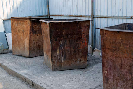 Place for garbage collection with metal containers close-upの写真素材