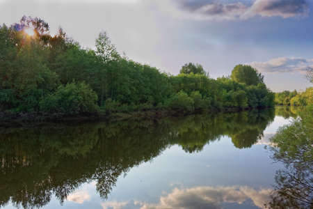 Summer landscape trees reflected in the mirror of the river lit by sunset rays of the sun