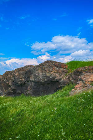 Summer landscape on the mountain against the sky and clouds. Summer mountain landscape.の写真素材