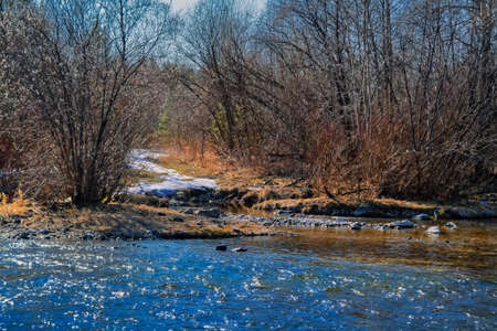 Spring landscape melts ice on a small river at the edge of the village.の写真素材