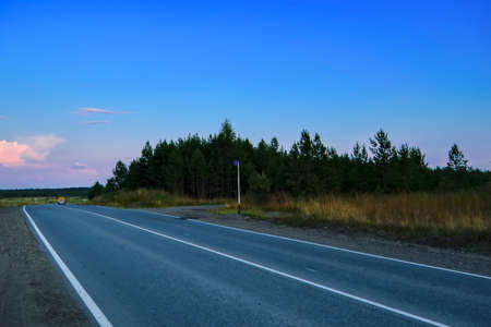 Autumn forest with country road at sunset. Colorful landscape with trees, rural road, sun in fall. Autumn background.の写真素材