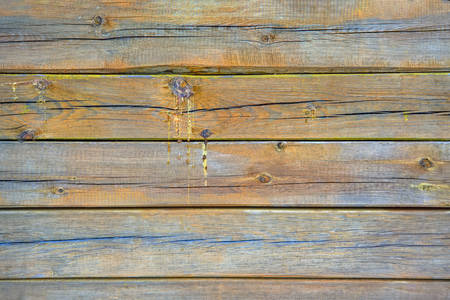 Texture of old wooden boards covered with cracks and drips of resin. Natural background.