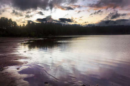 Summer landscape on the shore of a forest lake with transparent blue water.