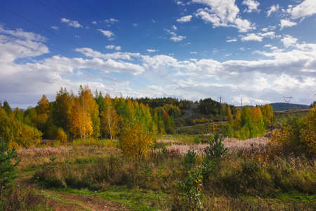 Autumn landscape multi-colored foliage of forest trees in the mountains against the sky and clouds....