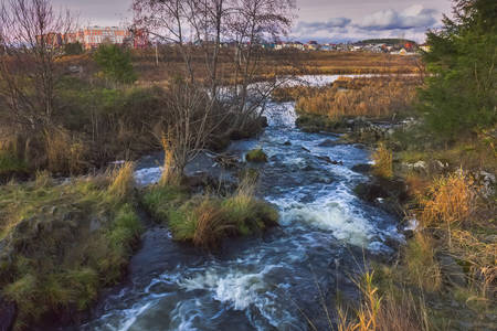 Picturesque summer landscape with riverbank at sunset. Wonderful nature, beautiful natural background.の写真素材