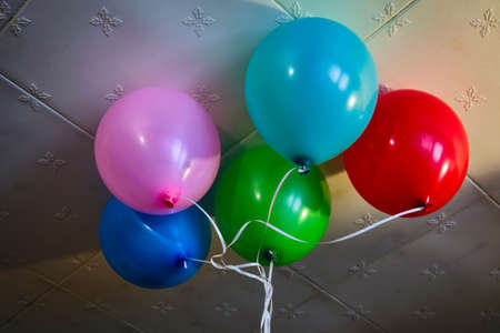 Many multi-colored balloons with helium on ribbons celebration.