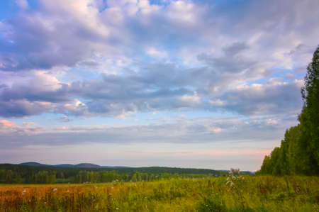 Green grass field landscape with fantastic clouds in the background.の写真素材