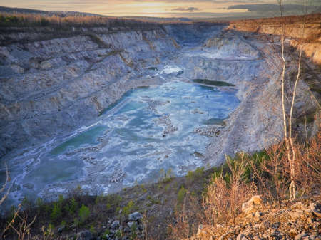 Great old quarry for limestone mining top view. Limestone quarry. Aerial view of opencast mining...