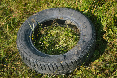 Old discarded winter tire on a background of green grass.の写真素材