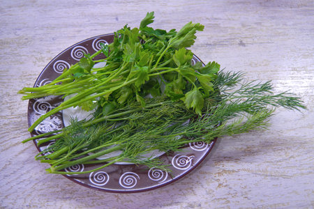 Fresh green parsley and dill on a plate on a table background.の写真素材