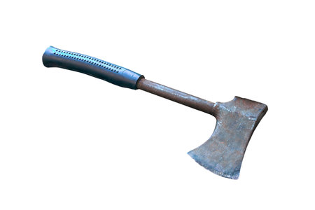 Old tourist ax covered with a coating of rust isolated on white close-up.の写真素材
