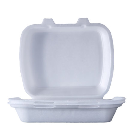 Single-section disposable lunch box with lid, polystyrene isolate on white background close-upの写真素材