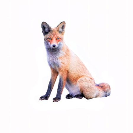Red fox, Vulpes vulpes, sitting, isolated on white. Red fox looking at camera.