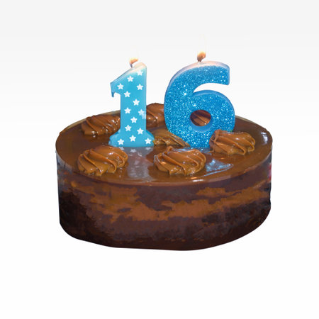 Birthday chocolate cake with a candle in the shape of the number 16 isolate on a white background close-up.の写真素材