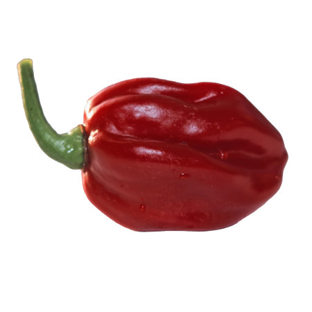 Habanero chilis isolated on white background. Fresh ripe Caribbean Red Habanero hot chili pepper with green stem.の写真素材
