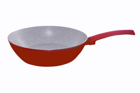 Red frying pan isolated on white background. Clipping path included.の写真素材