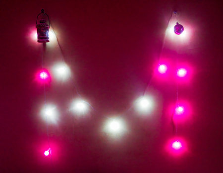 Christmas lights on a red background. Festive decoration for the New Year.の写真素材
