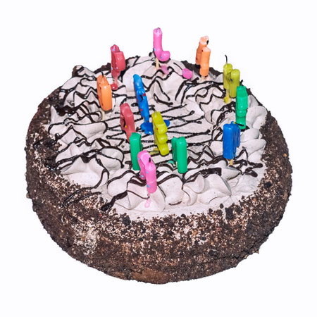 Chocolate Birthday Cake with Candles isolated on whiteの写真素材