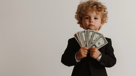 A young boy dressed in a suit confidently holds multiple dollar bills, symbolizing wealth, ambition, and future success against a simple white background.の素材