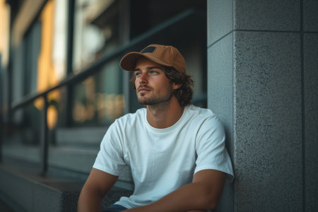 A young man wearing a white t-shirt and tan cap sits in a relaxed pose on city steps, embracing a casual and contemplative mood in an urban setting.の素材