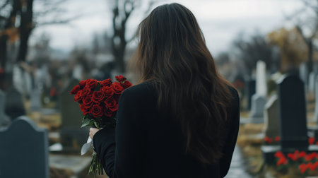 A woman with long brown hair stands in a cemetery, holding a bouquet of red roses while wearing a black coat, conveying themes of remembrance and solitude.の素材
