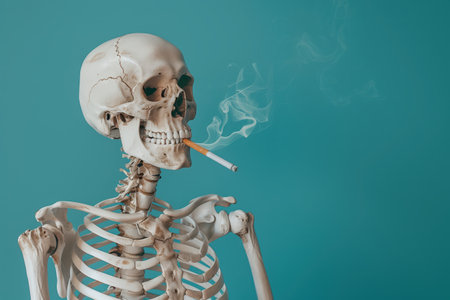 A human skeleton is depicted smoking a cigarette, with smoke rising, set against a blue background, illustrating health risks and making a statement on lifestyle choices.の素材