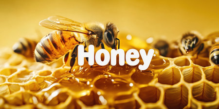 Vivid macro shot of bees on a honeycomb with glistening honey. The image features the word 'Honey' in bold text, emphasizing the richness and natural beauty of bee-produced honey.の素材
