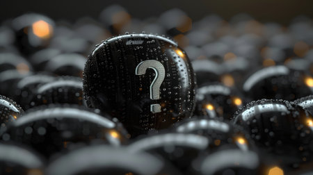 A speech bubble featuring a question mark, adorned with water droplets, conveys intrigue and curiosity. The glossy black surface adds a mysterious, reflective quality to the image.の素材