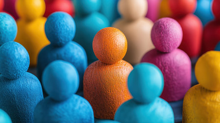 Vibrant wooden figures showcase diversity and individuality within a group, symbolizing inclusion, teamwork, and collaboration. The colorful figures create a visual representation of unity and community.の素材