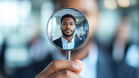 Business professional's face is focused through a magnifying glass, symbolizing attention to detail and precision in an office setting. Ideal for concepts of recruitment and individuality.の素材