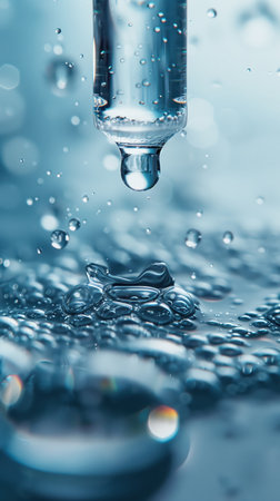 An artistic close-up of a hyaluronic acid serum dropper with water droplets, highlighting the texture and fluidity. Ideal for skincare or beauty concepts.の素材
