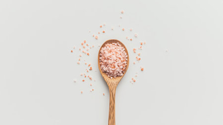 A wooden spoon filled with pink Himalayan salt, captured from above on a clean, light background. Perfect for culinary, wellness, or natural ingredient themes.の素材