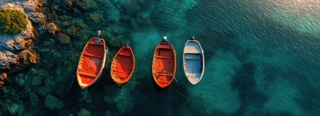 A tranquil aerial scene featuring four vibrant boats moored on turquoise waters next to a rocky coastline. The peaceful setting is ideal for depicting relaxation and nature's beauty.の素材