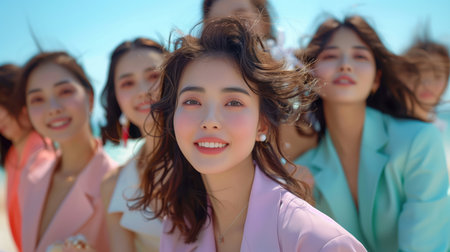 A group of cheerful young Asian women are enjoying a sunny day together outdoors. They are smiling, wearing colorful outfits, and radiate happiness and friendship. Ideal for concepts of friendship, joy, and youth.の素材