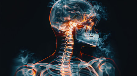 A detailed 3D x-ray image highlighting pain in the cervical spine and skull. The image depicts inflammation and discomfort, offering insights into medical, anatomical, and health-related conditions.の素材