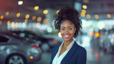 Young professional woman in business attire confidently smiling in parking garage setting, radiating optimism and success.の素材