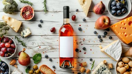 High-angle view of a mockup wine bottle surrounded by assorted cheeses, fruits, and nuts on a rustic white wood table.の素材