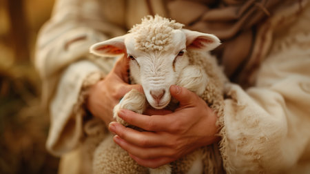 A close-up shot of Jesus gently holding a small lamb in His hands, signifying care, protection, and compassion.の素材