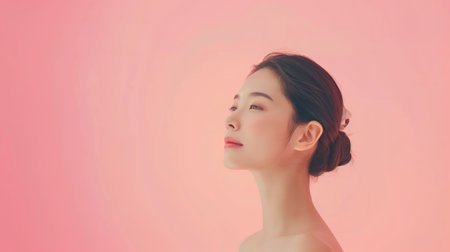 Side profile of a serene Korean woman with elegant bun, emphasizing beauty and skincare against a soft pink background.の素材