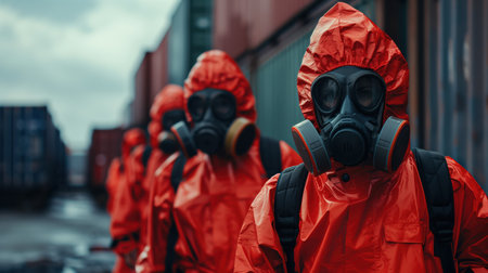 Group of professionals wearing red hazmat suits and respirators, ready for action in an industrial setting. Focus on safety and teamwork in a hazardous environment.の素材