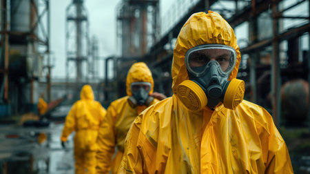 A team clad in yellow hazmat suits and respirators prepares for an environmental cleanup in an industrial setting, highlighting safety and precautionary measures.の素材