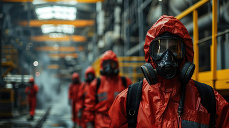 A team wearing red hazmat suits and respirators is preparing for stringent safety protocols in an industrial setting. The image conveys protection and teamwork in potentially hazardous environments.の素材