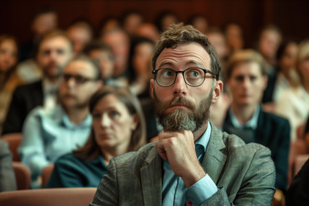 A focused executive questions the audience during a business presentation, fostering engagement and thoughtful interaction in a professional conference environment.の素材