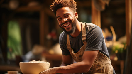 Young craftsman is smiling while making pottery in his workshop, he is holding a clay bowlの素材